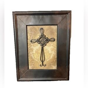 Metal Picture Frame 3D DecorativeCross Bronze Yellow Tone Textured Backing Retro